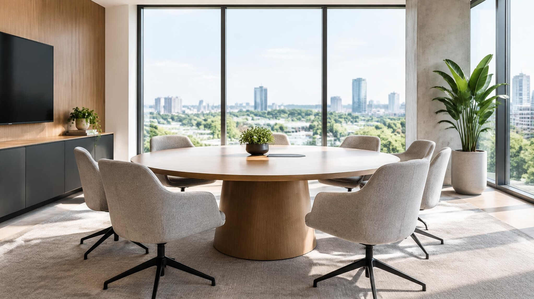 Modern conference room with a round table prepared for negotiation meeting
