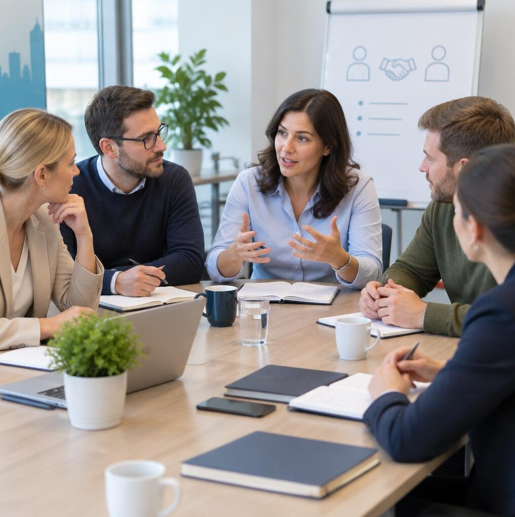 Group of diverse business professionals discussing at a training session