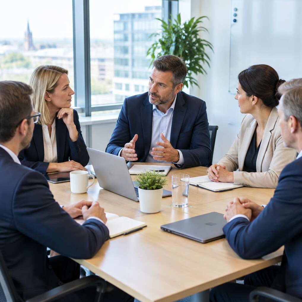 Department leaders discussing calmly around a table