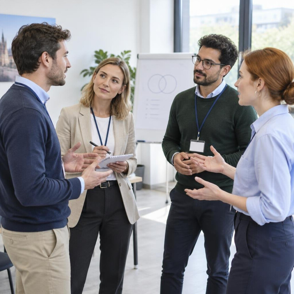 Small group practicing a role-play negotiation exercise