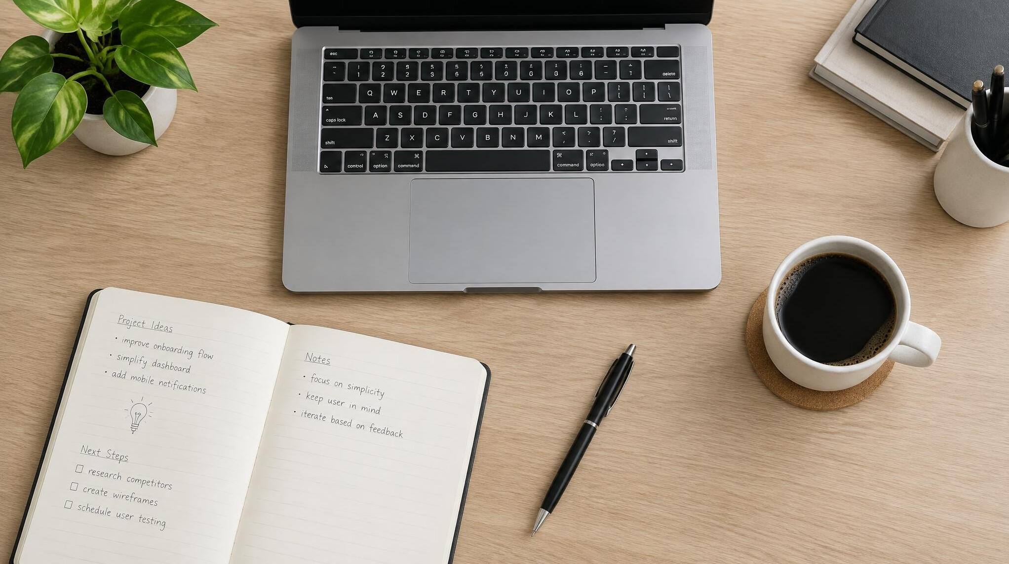 Overhead view of a tidy office desk with laptop, notebook and coffee