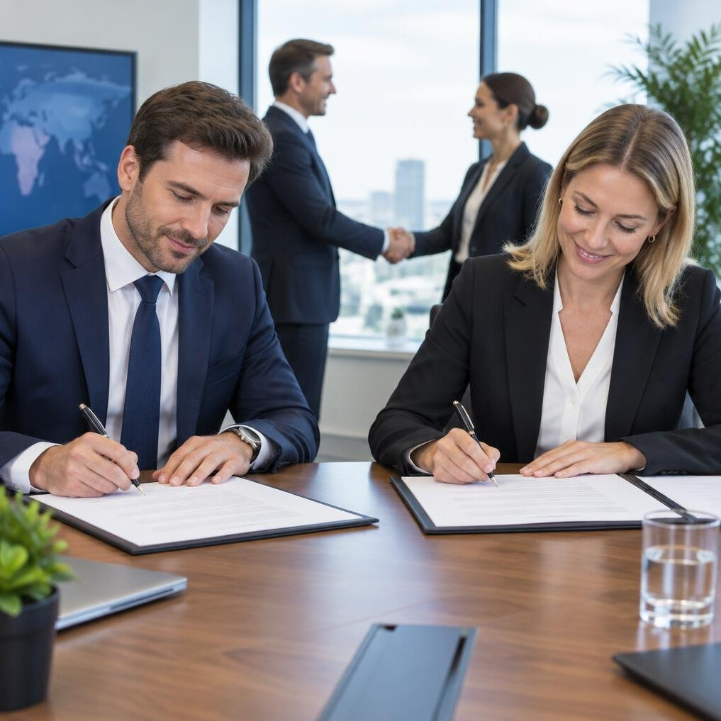 Two negotiators signing a long term supply contract