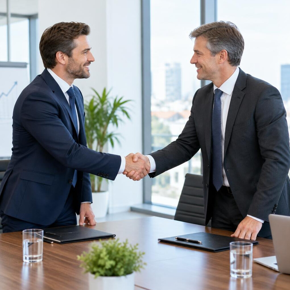 Two business partners shaking hands after resolving a dispute