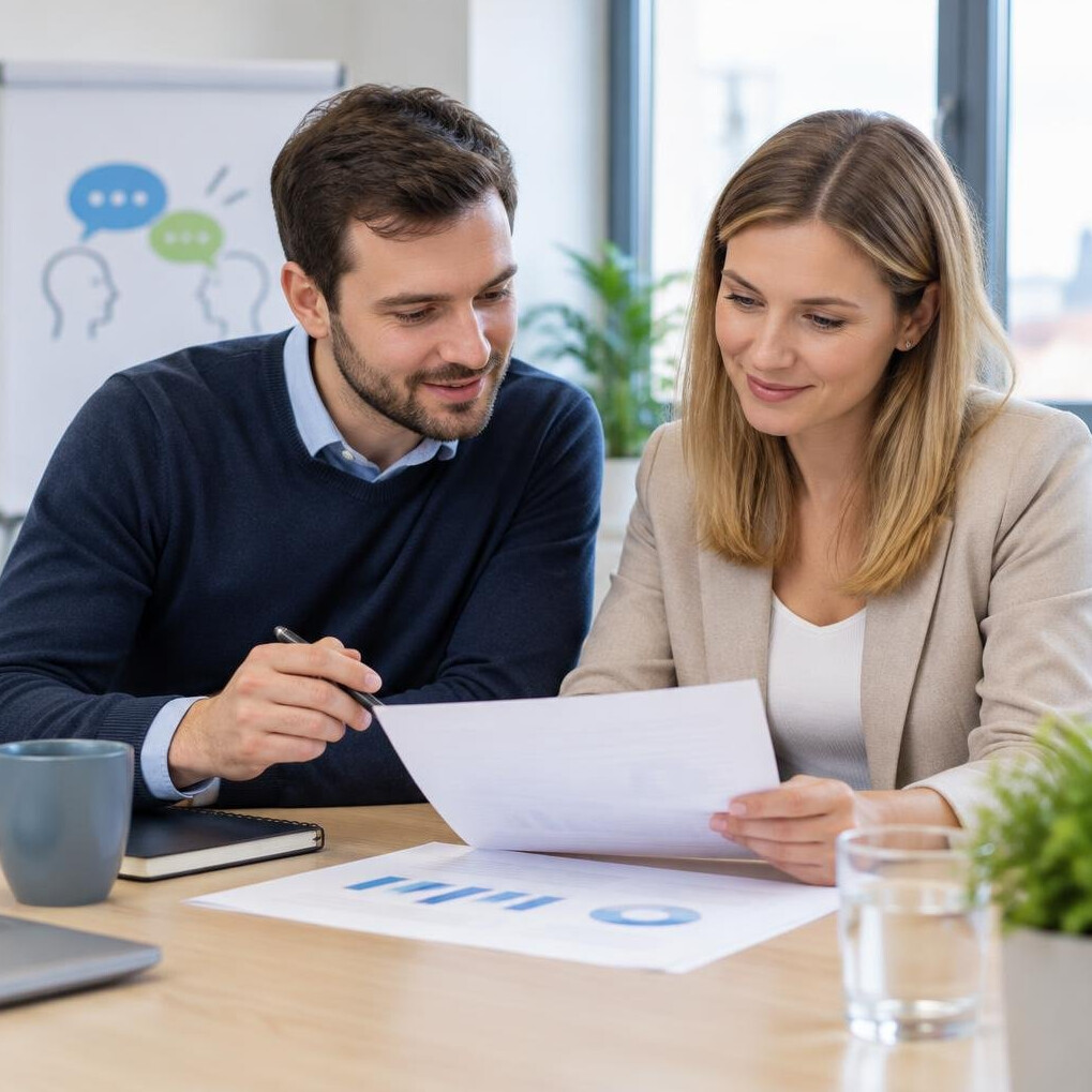 Two colleagues reviewing documents together during a workshop